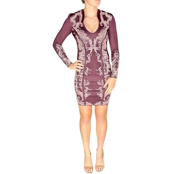 WOW WORLD OF WOMEN FLORAL METALLIC CHERRY CUTOUT LONG SLEEVE BODYCON DRESS - Picture 3 of 16